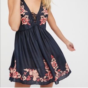 Navy free people sheer dress with pink embroidery